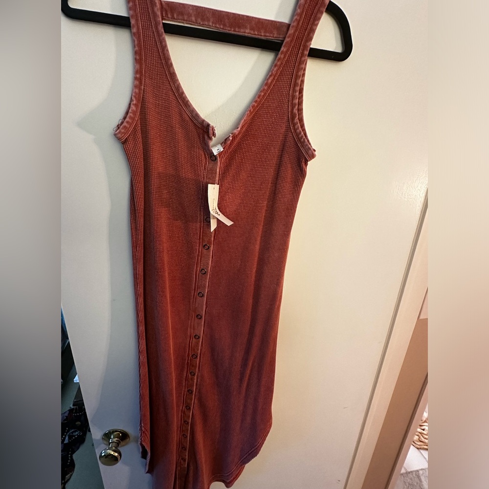 Red Henley midi relaxed button up dress Anthropologie